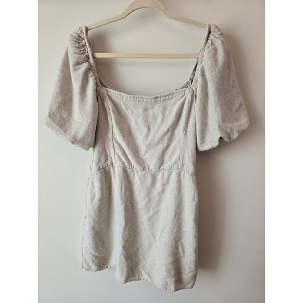 Abercrombie & Fitch Mini Dress Square‎ Neck Puff Sleeve Smocked Beige XL - Picture 2 of 11